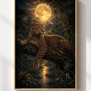 Könnte beinhalten: Ein gerahmter Wandkunstdruck, der einen Leoparden zeigt, der nachts auf einem moosigen Ast über einem Fluss ruht. Ein großer, leuchtender Vollmond erhellt das dichte Dschungellaub und das Wasser darunter. Der Druck enthält ein Logo mit dem Buchstaben B.