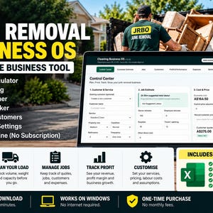 Puede incluir: Una interfaz de software de gestión empresarial titulada JRBO Junk Removal Business OS. La pantalla muestra un centro de control con campos para servicio al cliente, estimaciones de trabajo y costos. Incluye un kit de herramientas adicional con plantillas de Excel.