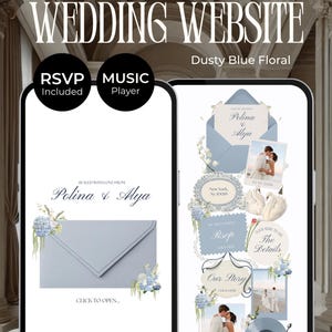 Dusty Blue Floral Wedding Website Template | Editable Canva Digital Invitation with RSVP, Music and Countdown Timer (Digital Download)