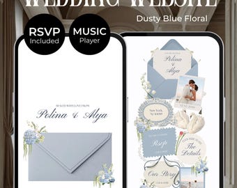May include: A digital wedding website template in a dusty blue floral theme displayed on two smartphone screens. The design features an envelope graphic, RSVP form, music player, and photo placeholders with text reading Wedding Website.
