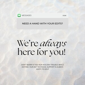 24/7 technical support guarantee graphic for editing your black and white floral wedding website Canva template, ensuring easy setup for your digital invitation and RSVP form.