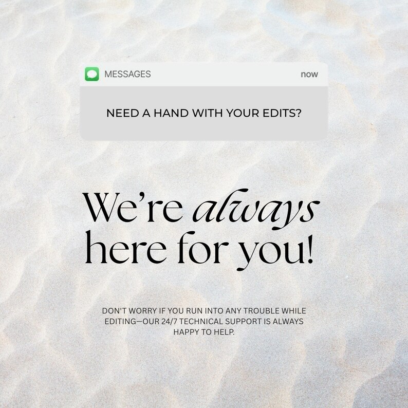 24/7 technical support guarantee graphic for editing your black and white floral wedding website Canva template, ensuring easy setup for your digital invitation and RSVP form.