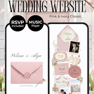 May include: A digital wedding website template in pink and ivory featuring a mobile interface with an envelope graphic, RSVP form, and music player. The design includes text reading WEDDING WEBSITE, Polina & Alya, and various floral accents.