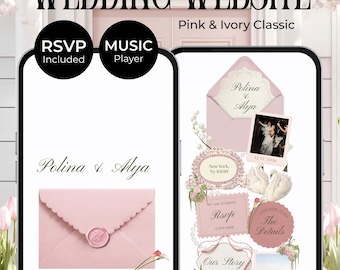 May include: A digital wedding website template in pink and ivory featuring a mobile interface with an envelope graphic, RSVP form, and music player. The design includes text reading WEDDING WEBSITE, Polina & Alya, and various floral accents.