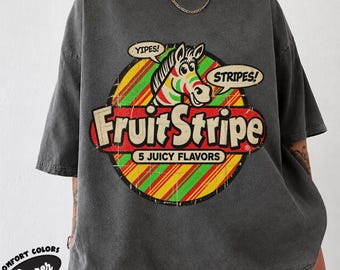 Vintage Regenbogen-Zebra-Shirt, Retro-90er-Jahre-T-Shirt mit Maskottchen-Motiv und Kaugummi-Motiv (5 Juicy Flavors).