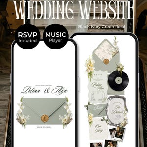 May include: A digital wedding website template displayed on two smartphones, featuring a sage green envelope with a gold wax seal, floral accents, a vinyl record, and text including "Polina & Alya," "RSVP," "The Details," and "Our Story" with a countdown timer.
