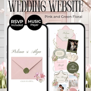 Pink & Green Floral Wedding Website Template with RSVP, Music and Countdown Timer : Digital Invite (Editable Canva Template)