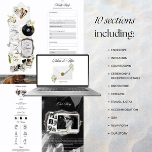 Editable white and black floral wedding website template displayed on a laptop, featuring 10 sections including a minimalist RSVP form, countdown timer, and digital invitation details for an elegant old money paperless wedding.