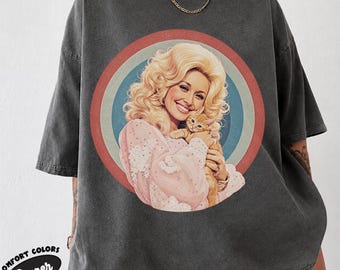 Vintage Blonde Parton Holding Orange Kitten Tee, Retro Rainbow Rings Portrait