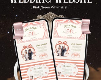 Könnte beinhalten: Eine digitale Hochzeits-Website-Vorlage auf zwei Smartphone-Bildschirmen mit einem rosa-weißen Farbschema, Streifenmustern, floralen Akzenten und Texten wie Wedding Website, RSVP Included und Music Player.