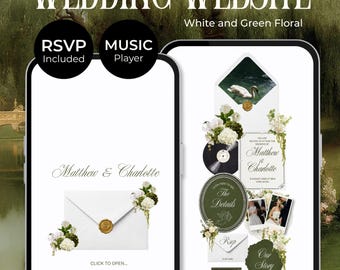 White & Green Wedding Website Template with RSVP, Countdown and Music: Classic Floral Envelope Digital Wedding Invitation| Instant Download