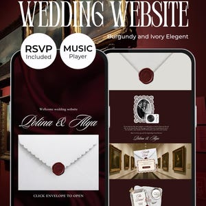 May include: A digital wedding website template displayed on two smartphone screens featuring a burgundy and ivory color scheme. The design includes an interactive envelope with a wax seal, a music player, and RSVP form sections with elegant typography.