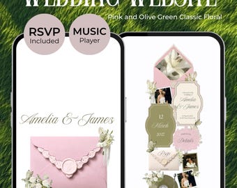 Könnte beinhalten: Eine digitale Hochzeits-Website-Vorlage auf zwei Smartphone-Bildschirmen. Das Design zeigt florale Elemente in Rosa und Olivgrün, einen Musik-Player und ein RSVP-Formular. Der Text umfasst "WEDDING WEBSITE," "Amelia & James," "RSVP," "Music Player" und "CLICK TO OPEN."