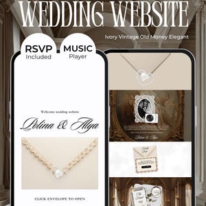 May include: A digital wedding website template displayed on two smartphone screens. The design features ivory and cream tones with elegant typography, a heart-shaped pearl pendant graphic, RSVP and music player sections, and the names Polina & Alya.