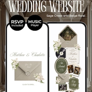 May include: A digital wedding website template featuring sage green and beige floral designs. The interface displays two mobile screens with text reading WEDDING WEBSITE, Matthew & Charlotte, RSVP, Music Player, and Click to open, alongside photo frames.