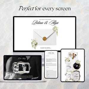 Multi-device mockup displaying an editable white and black floral wedding website template. The design features an elegant old money digital invitation envelope, a romantic couple's story photo gallery on a laptop, and a mobile RSVP form template on a smartphone screen.