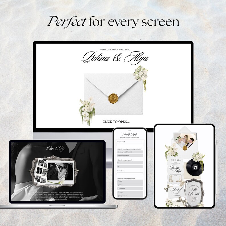 Multi-device mockup displaying an editable white and black floral wedding website template. The design features an elegant old money digital invitation envelope, a romantic couple's story photo gallery on a laptop, and a mobile RSVP form template on a smartphone screen.