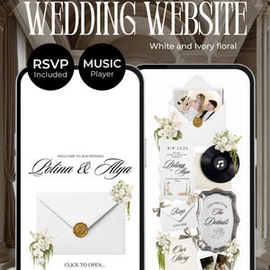 Two mobile phone screens displaying a black and white floral wedding website template. This editable Canva template features a minimalist, old money aesthetic with white flowers, a digital RSVP form, music player, and a wedding countdown. A perfect paperless digital invitation for elegant weddings.