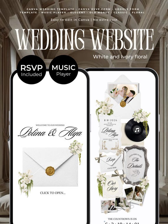 White Black Floral Wedding Website Template | Editable Wedding Website with RSVP, Music and Countdown Timer (Digital Download)