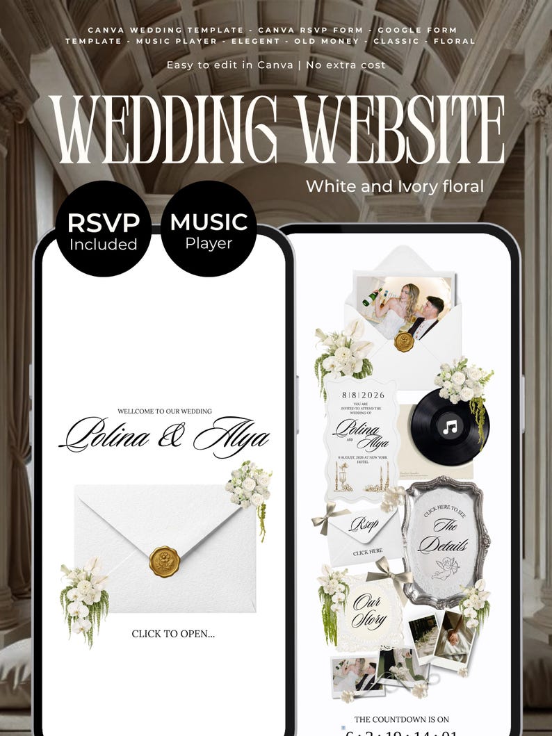 Two mobile phone screens displaying a black and white floral wedding website template. This editable Canva template features a minimalist, old money aesthetic with white flowers, a digital RSVP form, music player, and a wedding countdown. A perfect paperless digital invitation for elegant weddings.