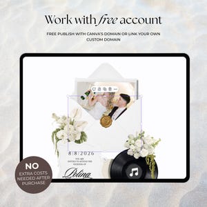 Tablet screen displaying a minimalist black and white floral wedding website template on Canva. The editable digital invitation design features white flowers, a wax seal envelope, a customizable couple's photo, and a vinyl record icon for music. Perfect for a modern paperless wedding.