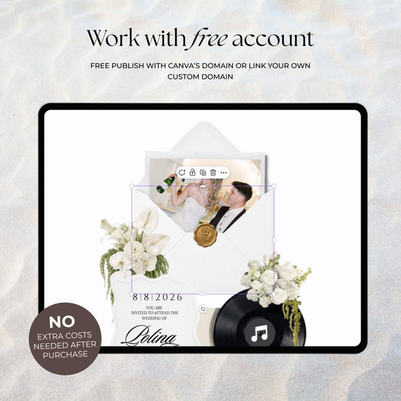 Tablet screen displaying a minimalist black and white floral wedding website template on Canva. The editable digital invitation design features white flowers, a wax seal envelope, a customizable couple's photo, and a vinyl record icon for music. Perfect for a modern paperless wedding.