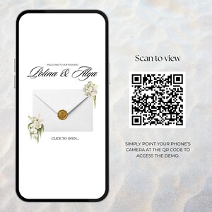 Mobile phone displaying a minimalist white and black floral wedding website template. This paperless wedding digital invitation features an elegant envelope with a gold wax seal, editable text, and a QR code to scan for a mobile invitation demo.