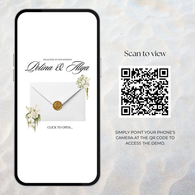 Mobile phone displaying a minimalist white and black floral wedding website template. This paperless wedding digital invitation features an elegant envelope with a gold wax seal, editable text, and a QR code to scan for a mobile invitation demo.