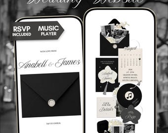 Könnte beinhalten: Eine 5-seitige Canva-Hochzeitswebsite-Vorlage in Schwarz und Elfenbein. Die mobile Benutzeroberfläche zeigt einen Umschlag mit Wachssiegel, RSVP- und Musikplayer-Optionen, einen Kalender für August 2026 sowie Veranstaltungsdetails für Anabell & James.