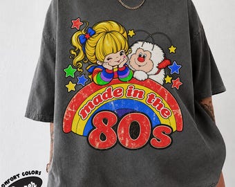 Regenbogen-Shirt „Made in the 80s“, Retro-T-Shirt mit Cartoon-Mädchenmotiv aus den 80ern, Vintage-Nostalgie-Shirt aus den 80ern