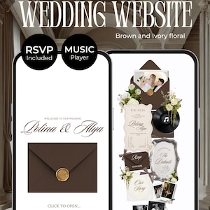 May include: A digital wedding website template displayed on two smartphone screens. The design features brown and ivory floral elements, a music player, and an RSVP form. Text includes "WEDDING WEBSITE," "Polina & Alya," and "CLICK TO OPEN."