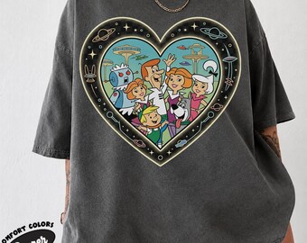 Maglietta retrò futuristica con tema famiglia e cuore, stile cartone animato anni '60.