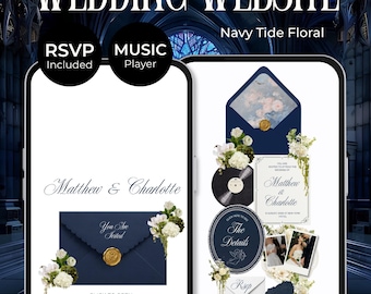 Navy & Dusty Blue Wedding Website Template with RSVP, Music and Countdown Timer: Editable Invitation Website (Digital Download)
