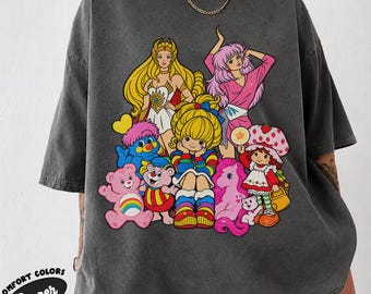Retro-Shirt mit Regenbogenmädchen und flauschigem Kobold aus den 80ern, Vintage-T-Shirt mit buntem Sternen-Cartoon-Motiv