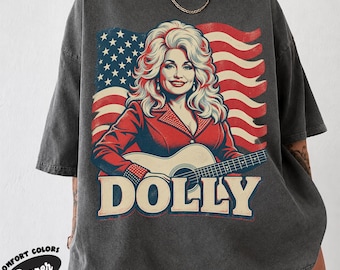 ヴィンテージ ドリー ギター ポートレート アメリカ国旗 Tシャツ