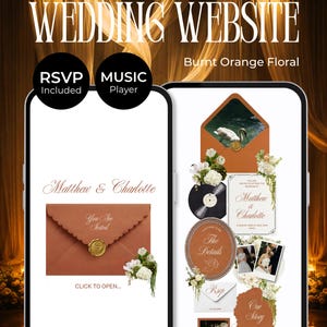 Burnt Orange Digital Wedding Website: Classic Wedding Invitation with RSVP, Music and Countdown Timer (Instant Download