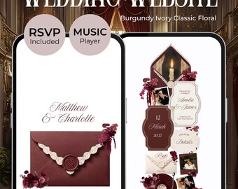 Könnte beinhalten: Eine digitale Hochzeits-Website-Vorlage auf zwei Smartphones, mit burgunderroten und elfenbeinfarbenen Blumenmotiven, einem RSVP-Formular, einem Musikplayer und Texten wie "WEDDING WEBSITE", "Matthew & Charlotte" und "Amelia & James".