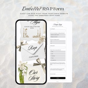Preview of a white black floral wedding website template displayed on a mobile phone alongside an embedded RSVP form. This minimalist, old money style digital invitation is an editable Canva template featuring an elegant RSVP envelope, custom guest form, and white flowers for a paperless wedding.