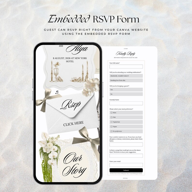 Preview of a white black floral wedding website template displayed on a mobile phone alongside an embedded RSVP form. This minimalist, old money style digital invitation is an editable Canva template featuring an elegant RSVP envelope, custom guest form, and white flowers for a paperless wedding.