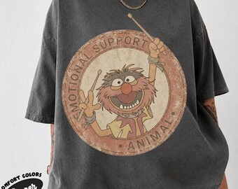 T-Shirt mit emotionalem Begleittiermotiv, Vintage-Schlagzeuger-Cartoon-Abzeichen