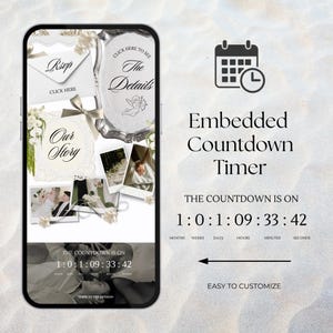 Smartphone displaying an elegant old money wedding website template. This editable Canva template features a black and white floral design, RSVP form, and an embedded wedding countdown timer for a seamless paperless digital invitation.