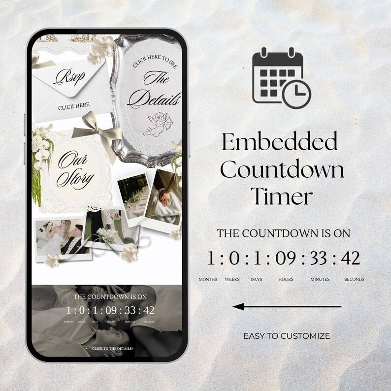 Smartphone displaying an elegant old money wedding website template. This editable Canva template features a black and white floral design, RSVP form, and an embedded wedding countdown timer for a seamless paperless digital invitation.