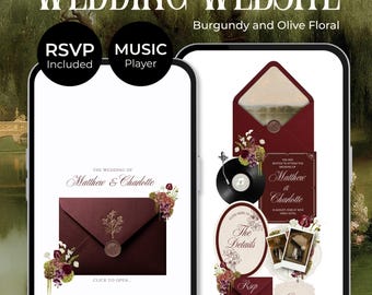 May include: A digital wedding website template featuring a burgundy and olive floral theme. The design includes a virtual envelope with a wax seal, a music player, RSVP form, and photo sections. Text includes "WEDDING WEBSITE" and "Matthew & Charlotte".