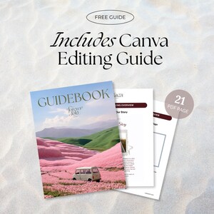 Infographic mockup showing the free Canva editing guide bonus included with the white, black, and floral wedding website template. It features a guidebook cover with 'forever gold studio' branding, internal pages like 'Our Story' preview, a '21 PDF PAGE' badge, and large text 'Includes Canva Editing Guide'.