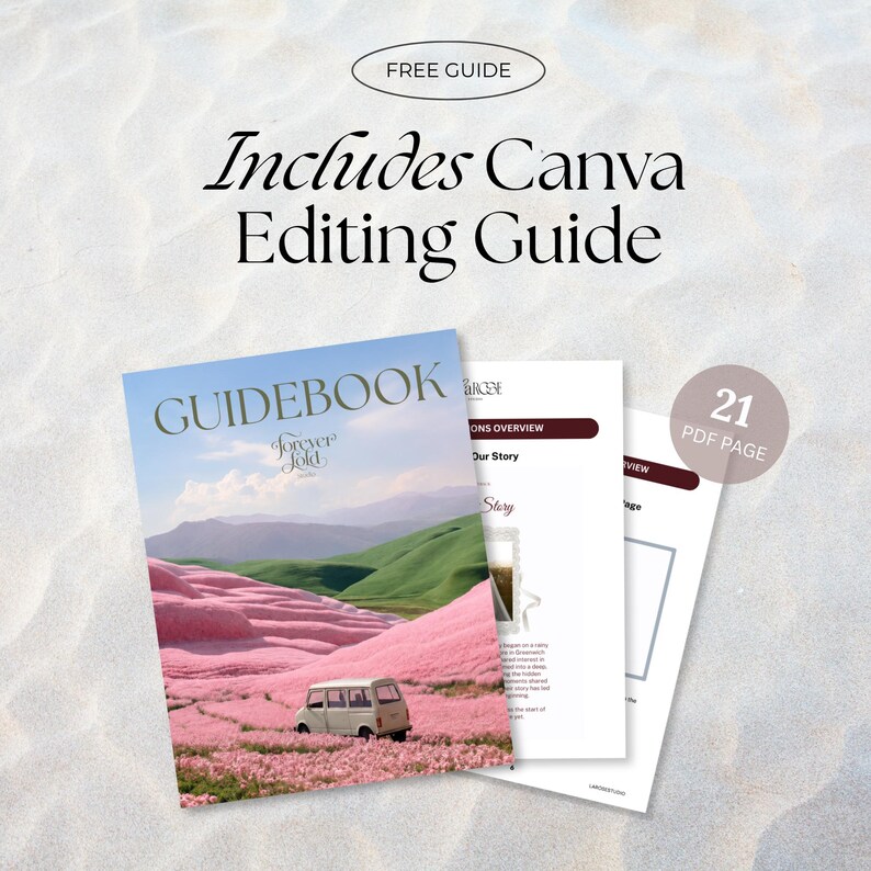 Infographic mockup showing the free Canva editing guide bonus included with the white, black, and floral wedding website template. It features a guidebook cover with 'forever gold studio' branding, internal pages like 'Our Story' preview, a '21 PDF PAGE' badge, and large text 'Includes Canva Editing Guide'.
