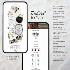 Two smartphones displaying a white and black floral wedding website template. This editable digital invitation features an old money minimalist design with customizable sections including a save the date, RSVP form template, mobile wedding countdown, and music player for a paperless wedding.
