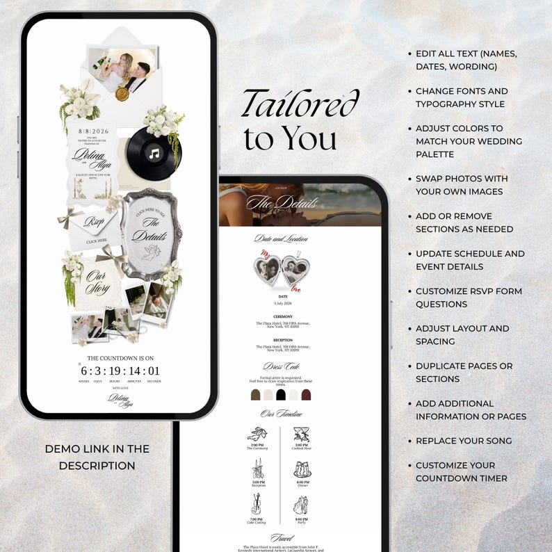 Two smartphones displaying a white and black floral wedding website template. This editable digital invitation features an old money minimalist design with customizable sections including a save the date, RSVP form template, mobile wedding countdown, and music player for a paperless wedding.