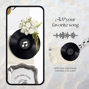 Mobile phone displaying a white and black floral wedding website template. This minimalist digital invitation features white flowers on a vinyl record, showcasing the interactive music player feature for a paperless wedding.