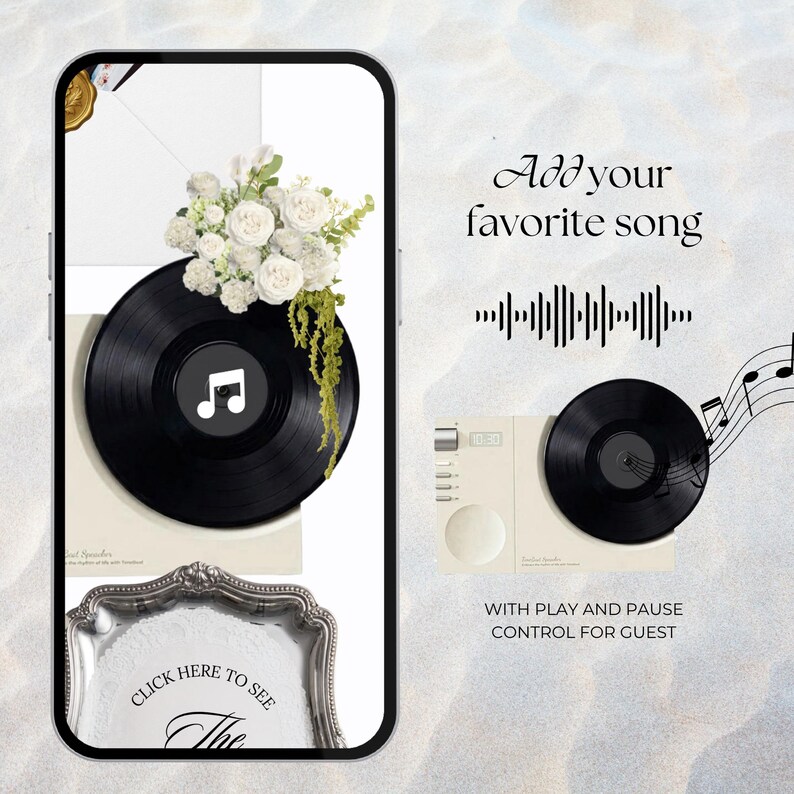 Mobile phone displaying a white and black floral wedding website template. This minimalist digital invitation features white flowers on a vinyl record, showcasing the interactive music player feature for a paperless wedding.