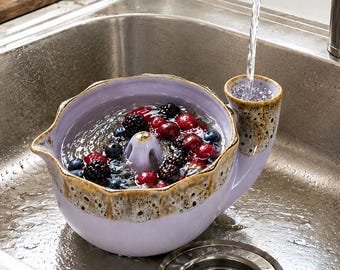 Handmade Purple Swirl Ceramic Berry Bowl with Drain Hole | Cottagecore Fruit Strainer, Washing Colander Bowl, Kitchen Prep Housewarming Gift